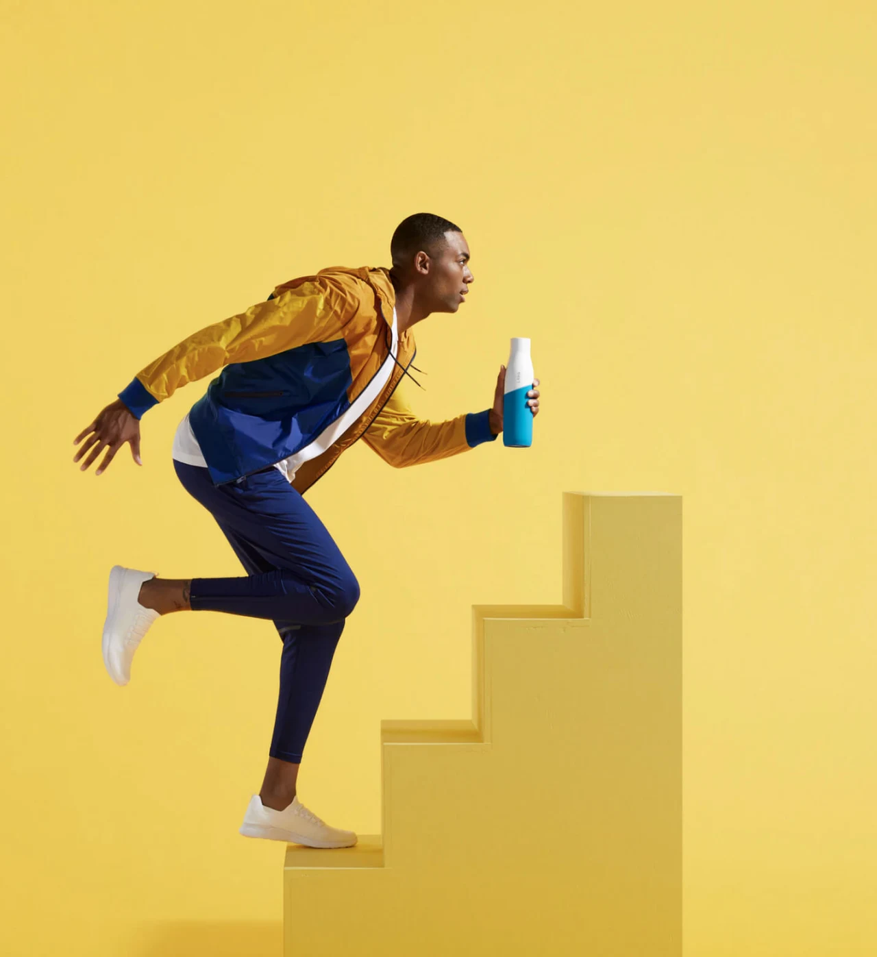 Product campaign featuring a blue and white bottle